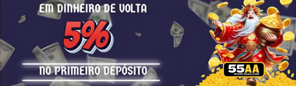 Jogador recebendo bônus de 5% sobre o primeiro depósito no 55AA app